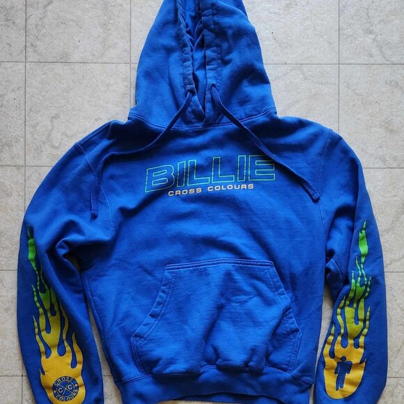 Billie Eilish x Cross Colours Hoodie with Flame Sleeves | Color: Blue | Size: XS - Picture 2 of 6